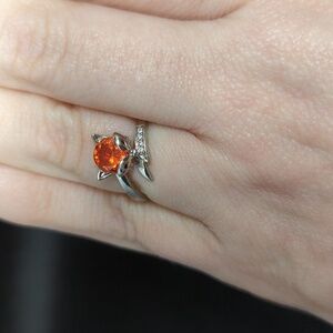 Silver Tone Orange and Clear Rhinestone Dainty Delicate Fox Statement Ring 6.75